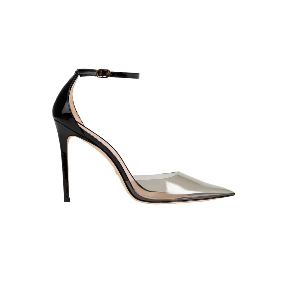 Stuart Weitzman Glam 100 Clear PVC Black Patent Pumps 10.5 Ankle Strap